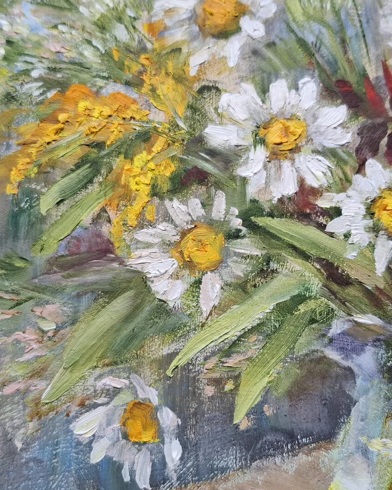 Букет в стеклянном чайничке. Картина маслом