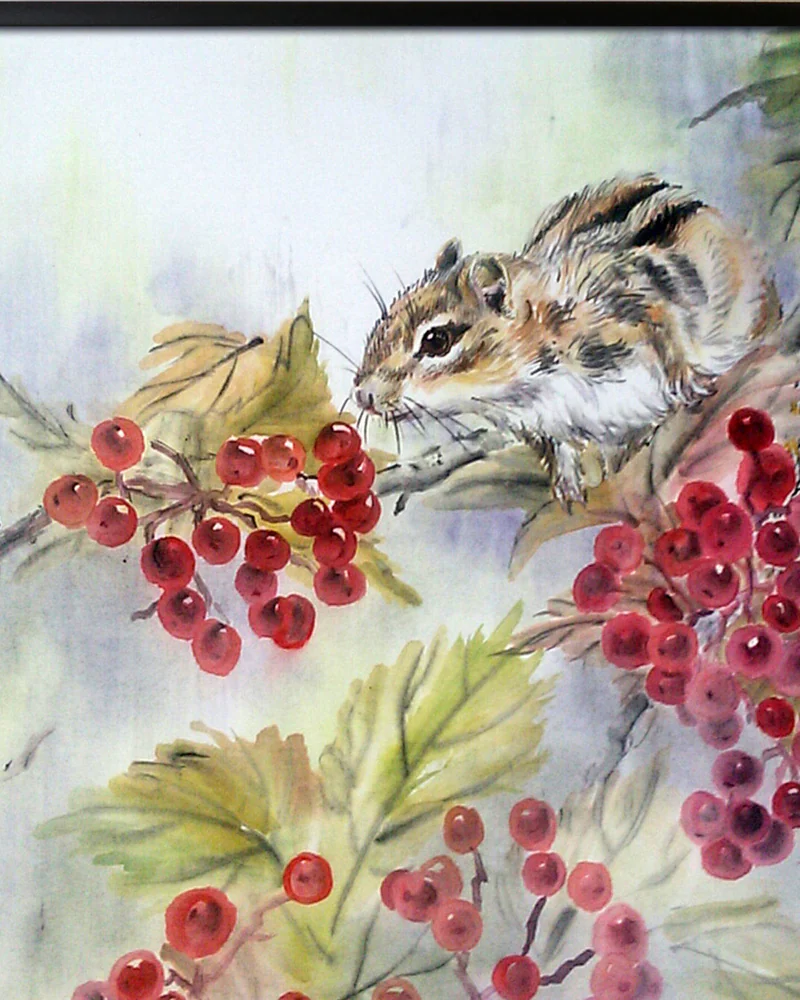 Картина Краски осени, 32x32 ягоды калина красная бурундук