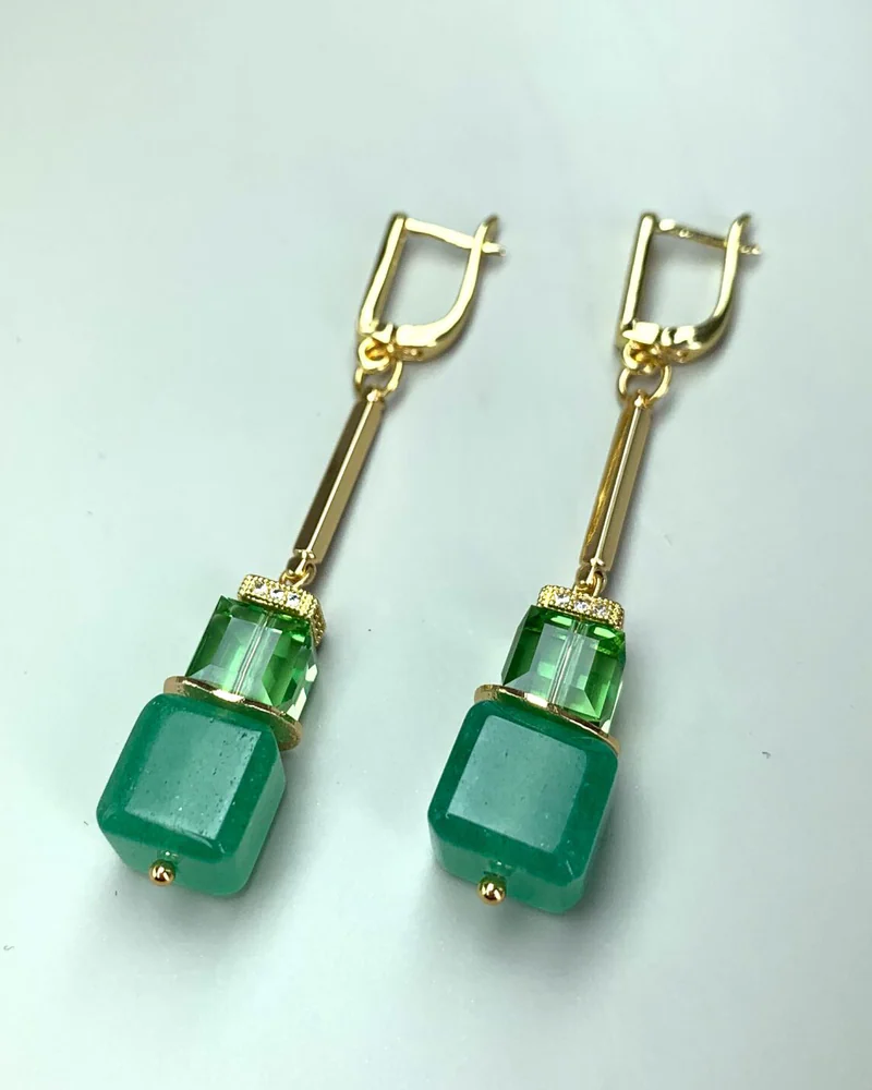 Серьги с зелёным авантюрином и кристаллами Swarovski