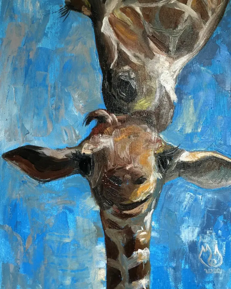 Жирафы. Мама и малыш. Картина маслом 30×60 см — 30×60 см