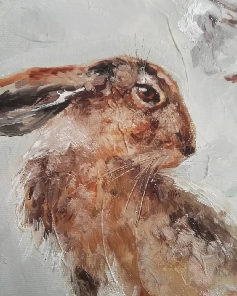 Заяц и хлопок в вазе. Картина маслом 35×50 см — 35×50 см