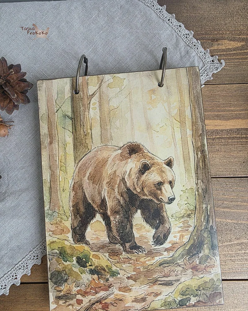 Деревянный блокнот А5 на кольцах в клетку — Bear