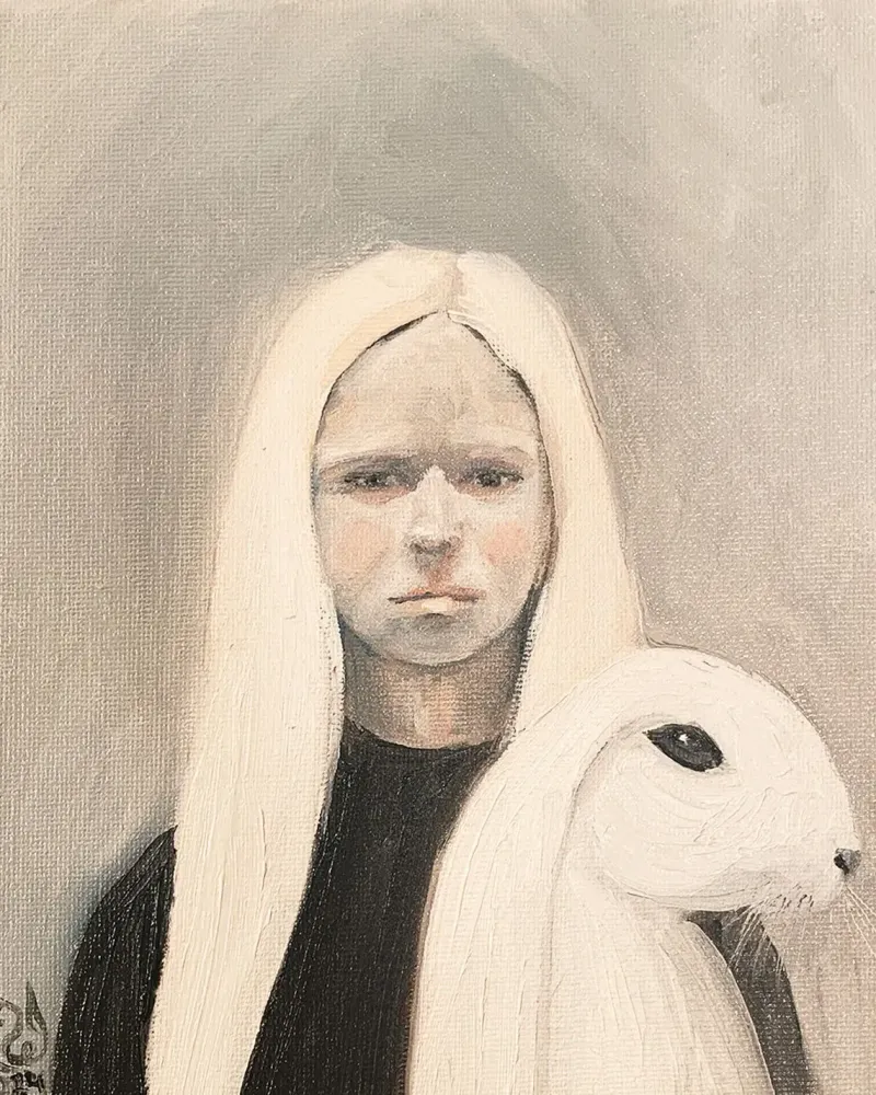 Девушка и кролик. Картина маслом 20×20 см — 20×20 см