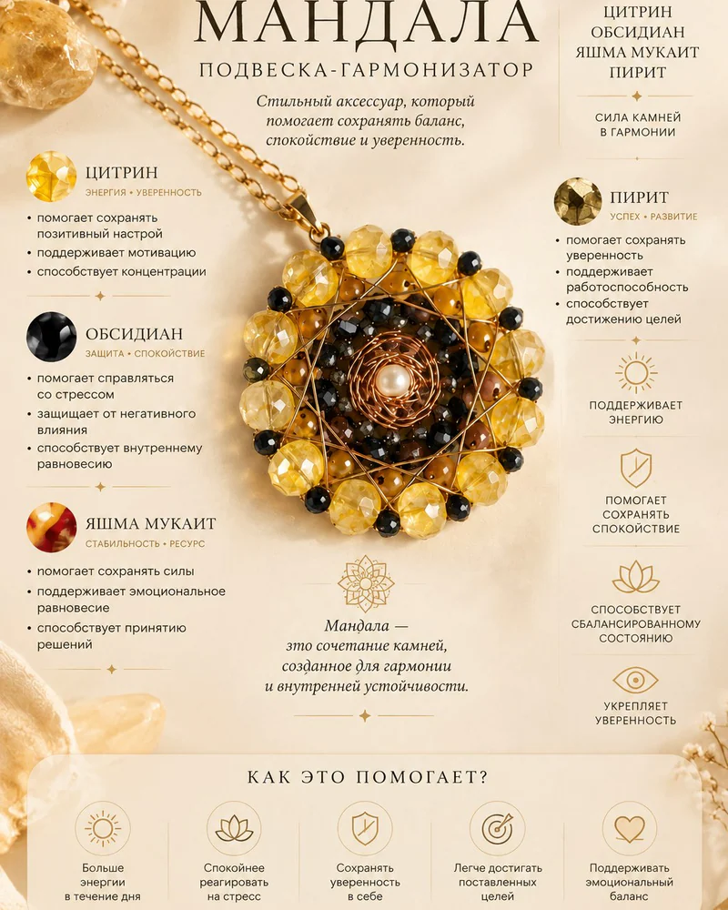 Подвеска кулон с цитрином, мандала из натуральных камней