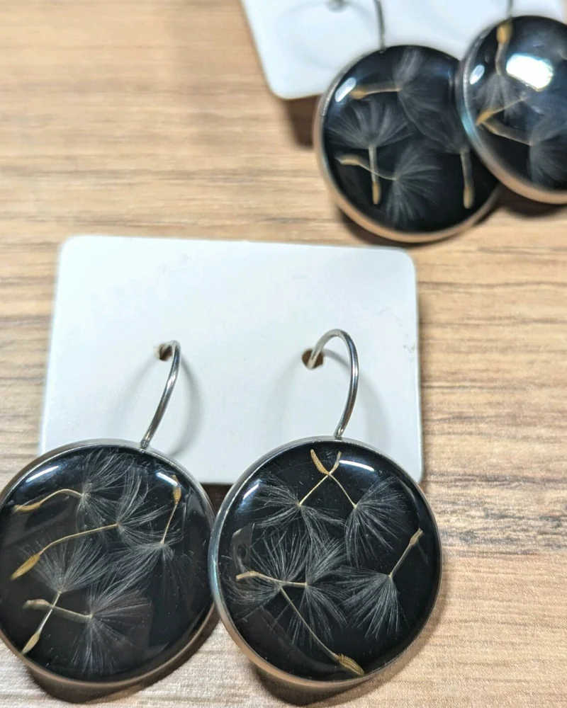 Серьги черные круглые. Одуванчик. Серьги из эпоксидной смолы