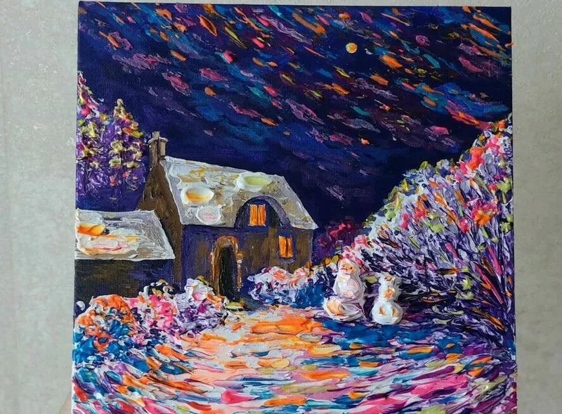 Новогодняя картина зима и снеговики Зимняя сказка