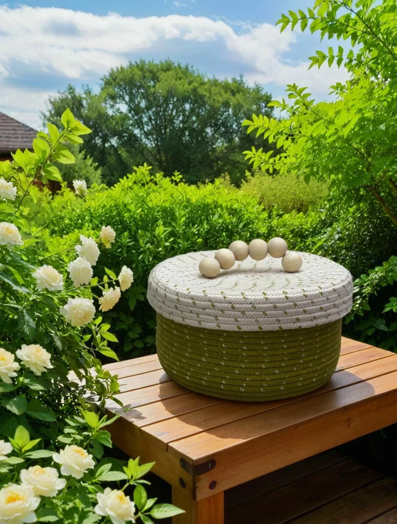 Корзина с ручкой из деревянных бусин