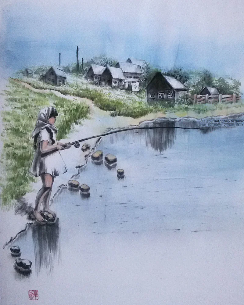 Картина Летний зной 50x70 синий хутор рыбалка вода деревня