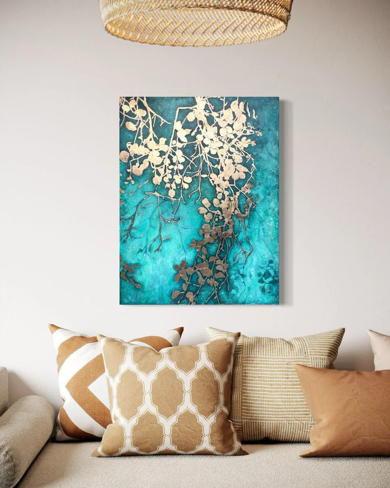 Картина «Ветка» с золочением, 60×80 см, бирюзовая