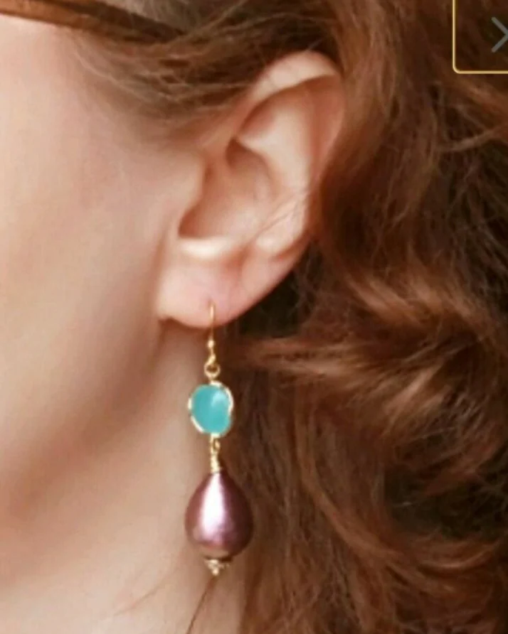 Серьги капли с хлопковым жемчугом мятные фиолетовые легкие