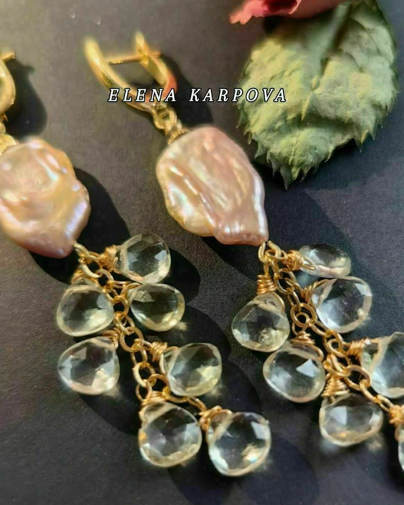 Серьги с жемчугом барокко и зелёным аметистом ( празиолитом)