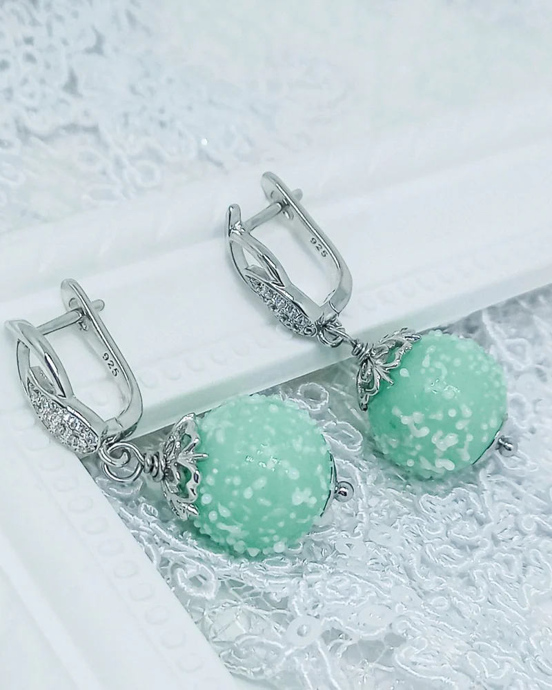 Серьги Мохито бусины лэмпворк бирюзовый мятный
