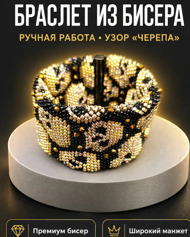 Женский широкий браслет. Черный браслет с черепами