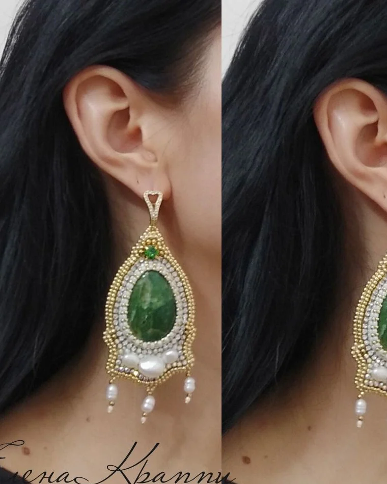 Крупные серьги из зеленого опала и жемчуга