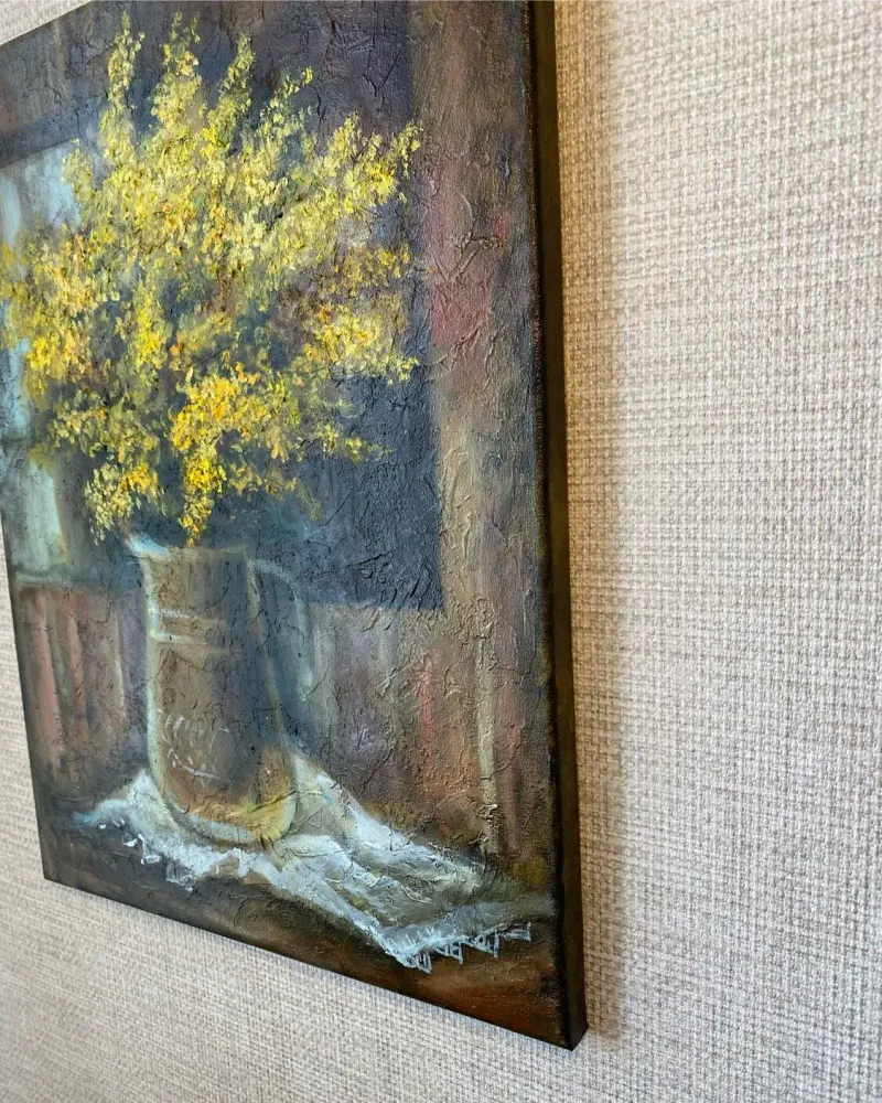 Картина «Жёлтые цветы в стеклянном графине», масло, 30×40 см