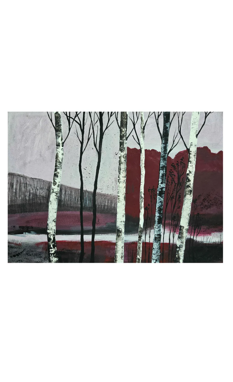 Авторская картина "Багровый лес" | 42×29.7 см | Акрил на бумаге