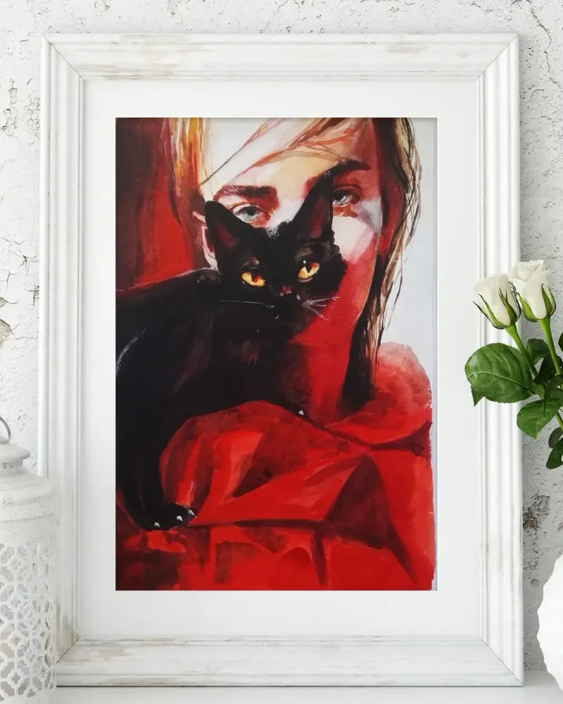 Девушка в красном и черный кот. Акварель 20×30 см — 20×30 см