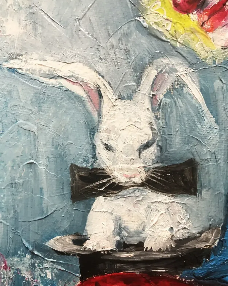 Клоун и кролик в шляпе. Картина маслом 35×50 см — 35×50 см
