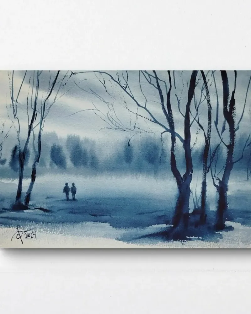 Вдвоём. Зимний пейзаж акварелью — 18×27 см