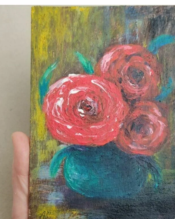 Картина с пионами натюрморт в раме 10×15 см