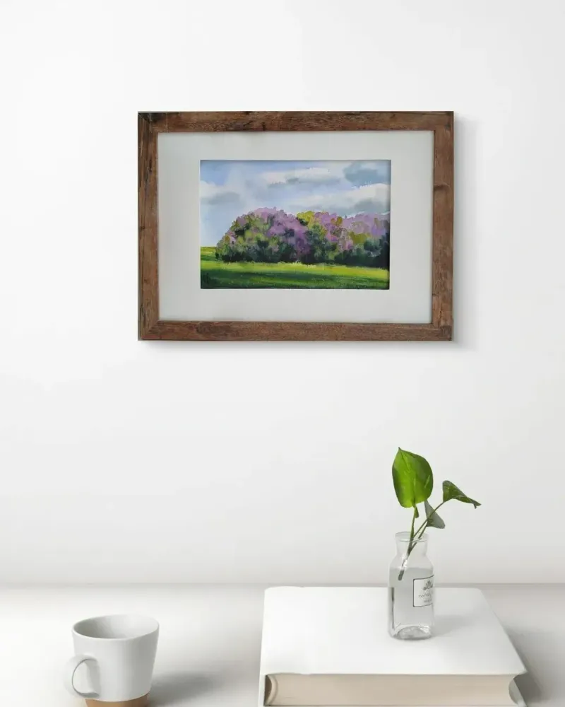 Кусты сирени. Акварель в раме — 14×21 см, в раме