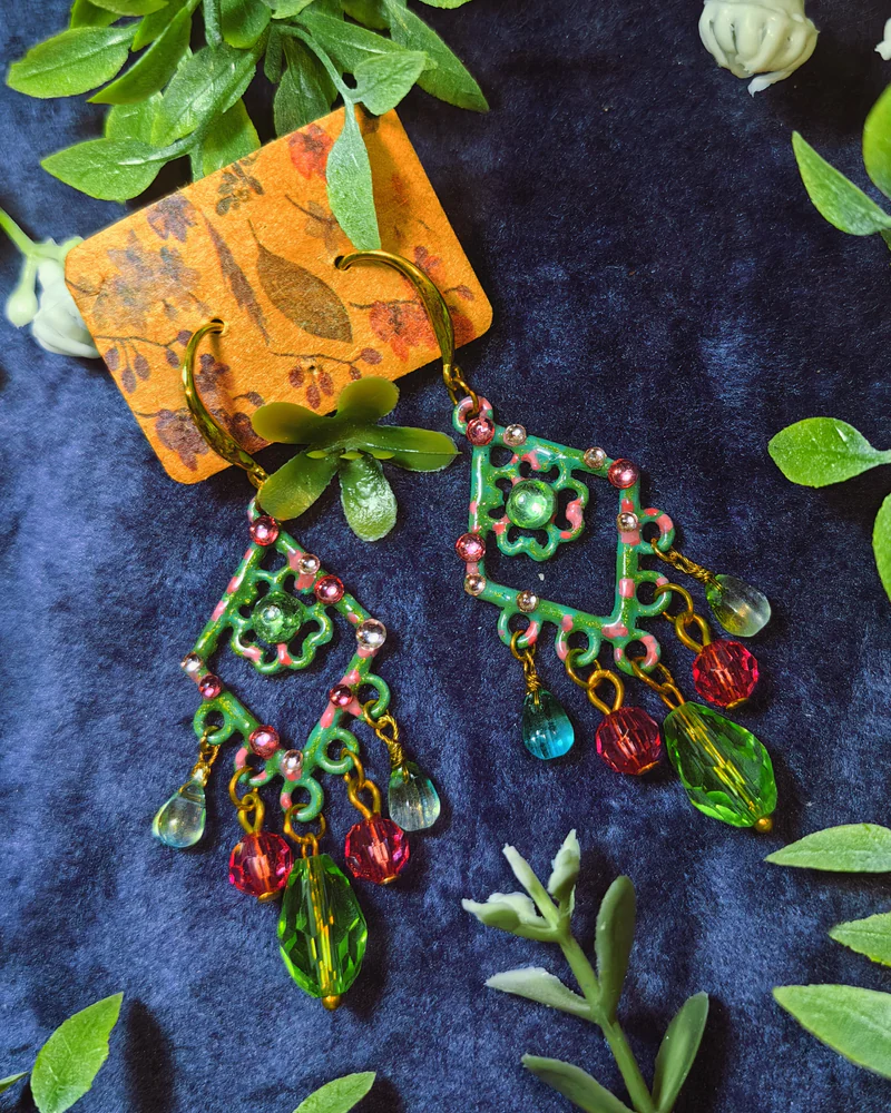 Цветочные серьги-люстры, зелёные — Основной