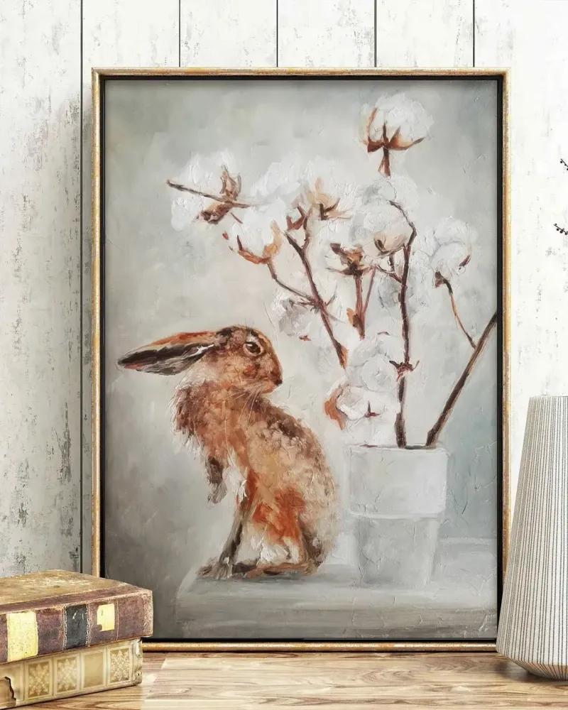 Заяц и хлопок в вазе. Картина маслом 35×50 см — 35×50 см