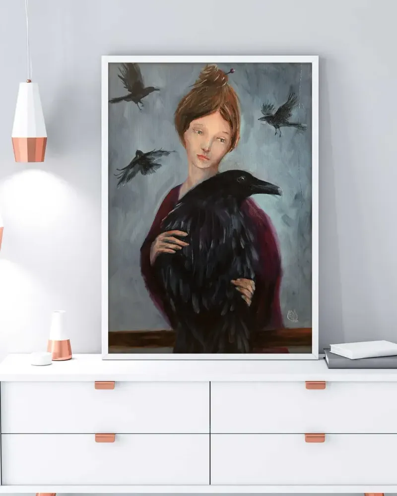 Девушка и ворон. Картина маслом 35×50 см — 35×50 см