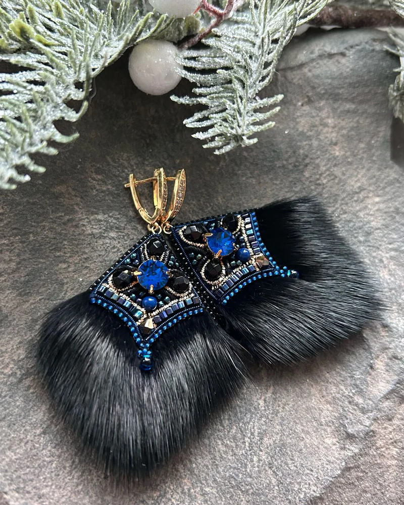 Серьги с мехом норки, синий