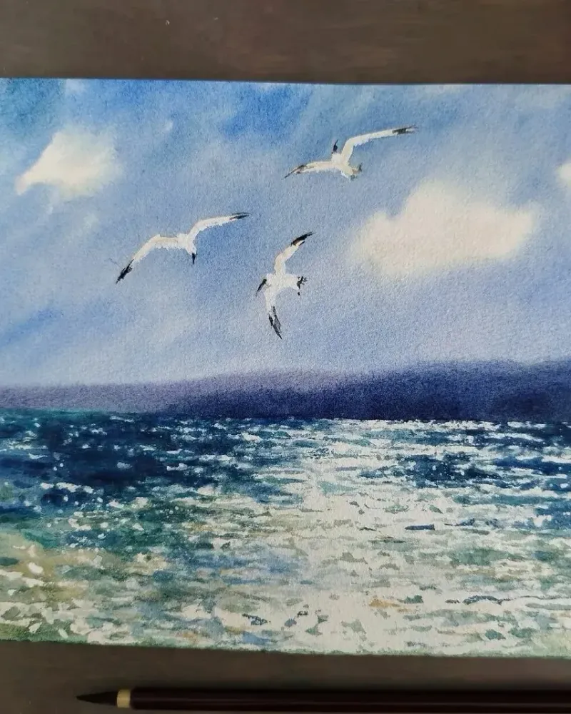 Солнечно. Море, горы и чайки, акварель — 20×30 см