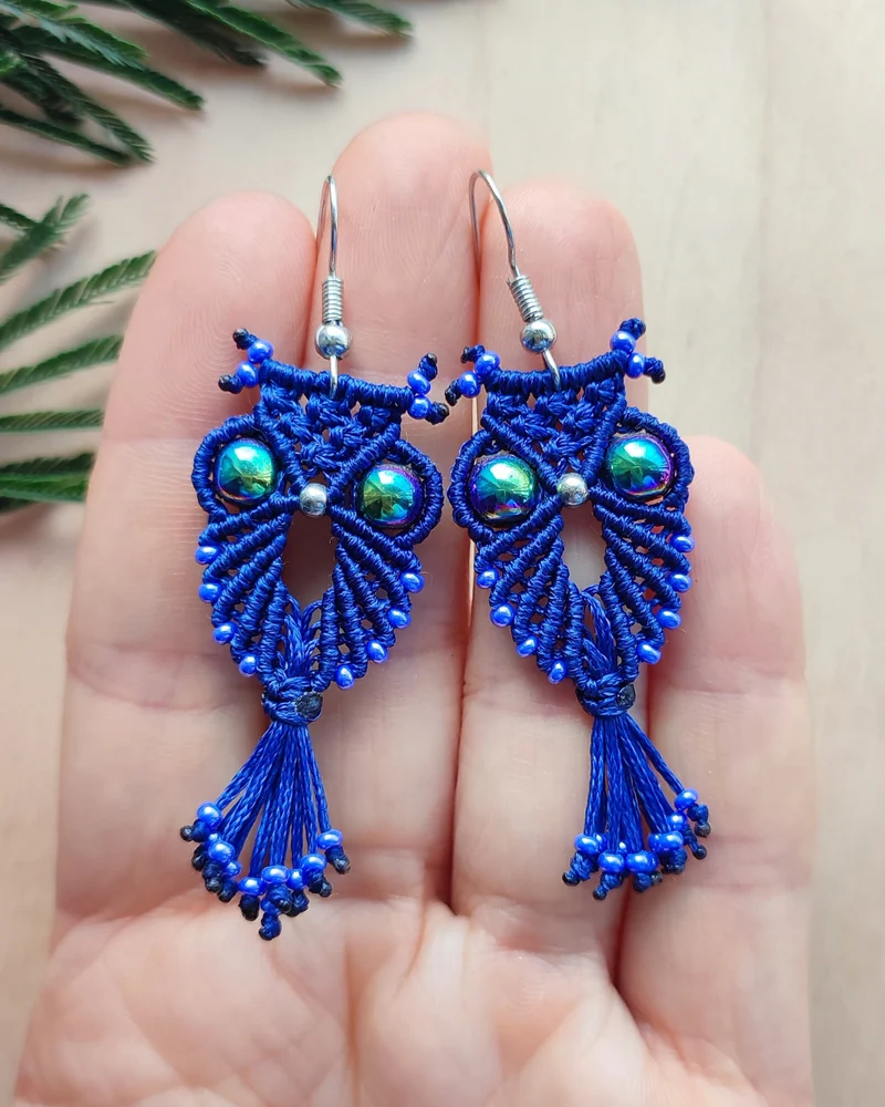 Серьги макраме «Совы» — Синие