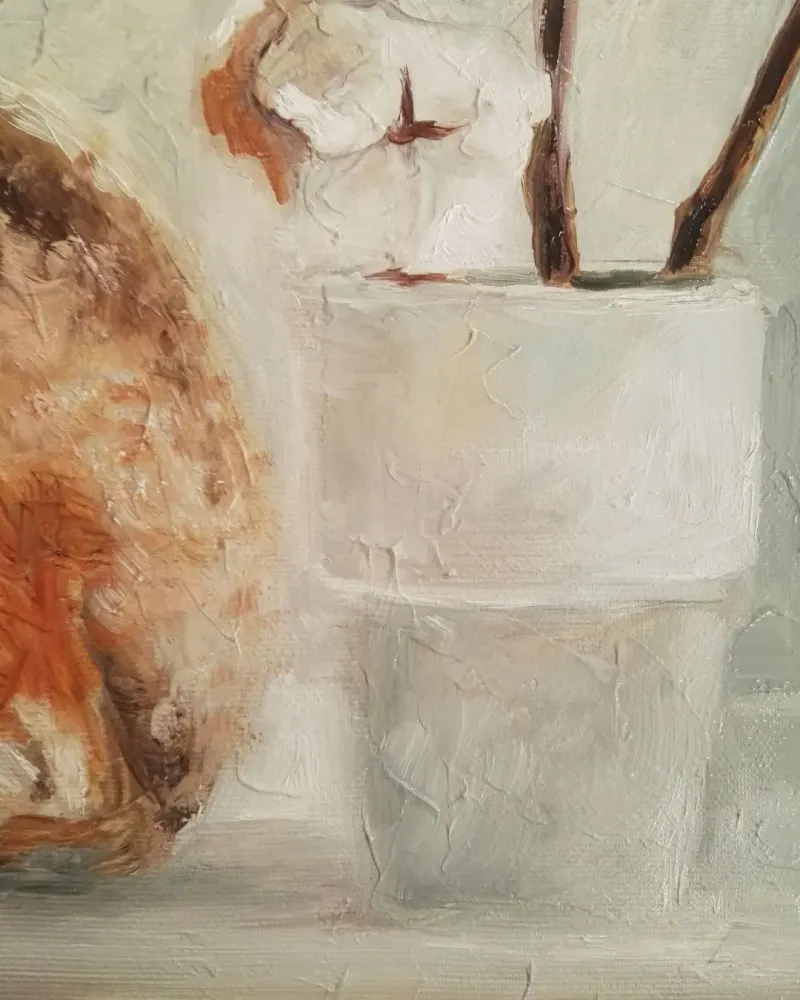Заяц и хлопок в вазе. Картина маслом 35×50 см — 35×50 см