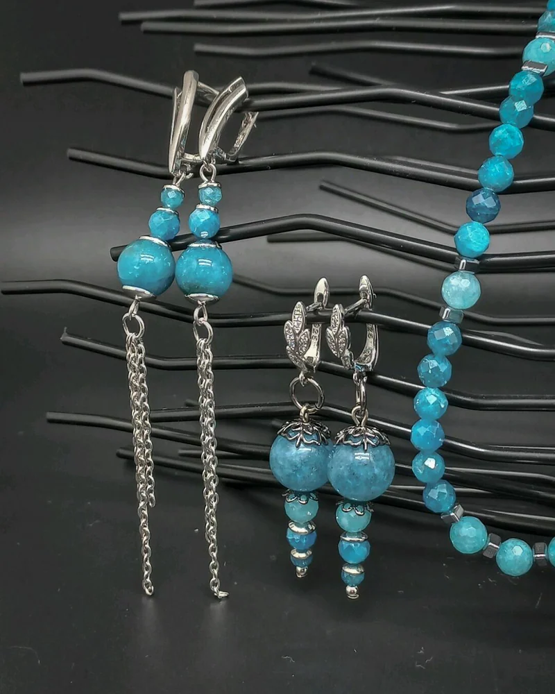 Серьги браслет колье Марина из апатита и амазонита комплект