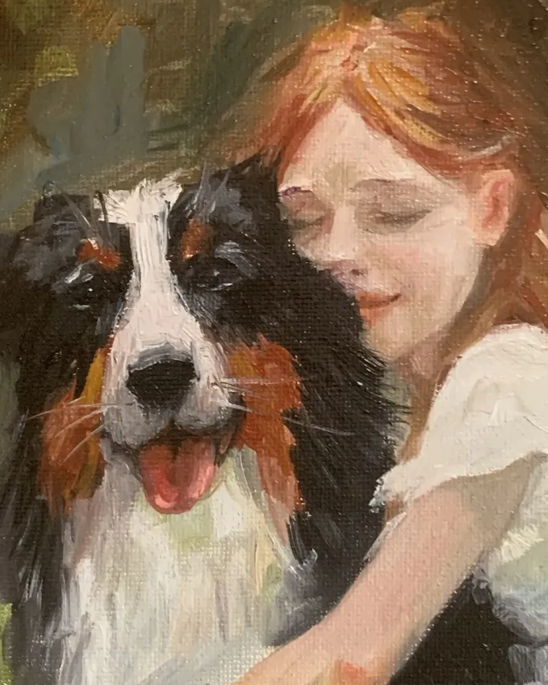Девочка с собакой. Картина маслом 20×20 см — 20×20 см