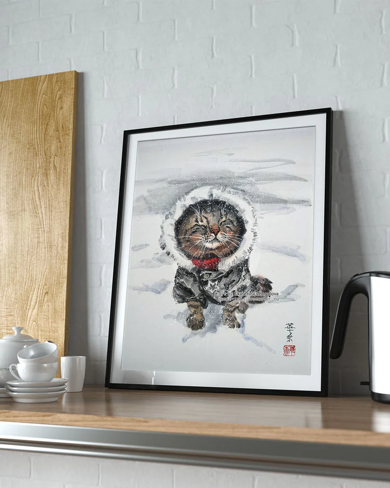 Картина Кошачий спецназ 31x41 кот кошка голубая зима лофт