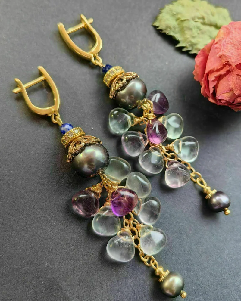 Серьги с жемчугом Эдисон, флюоритом и лазуритом