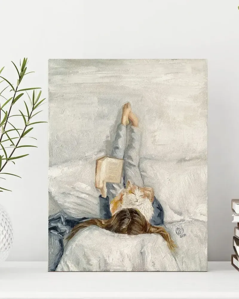 Девушка с книгой и кот. Картина маслом 30×40 см — 30×40 см