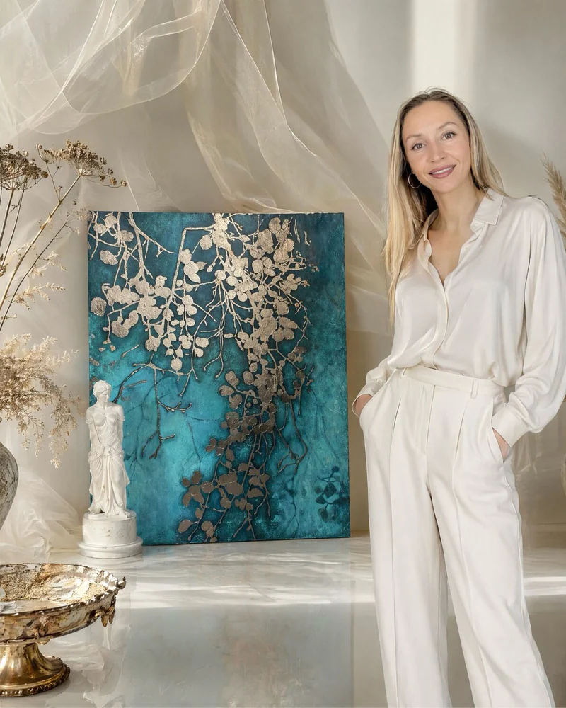 Картина «Ветка» с золочением, 60×80 см, бирюзовая