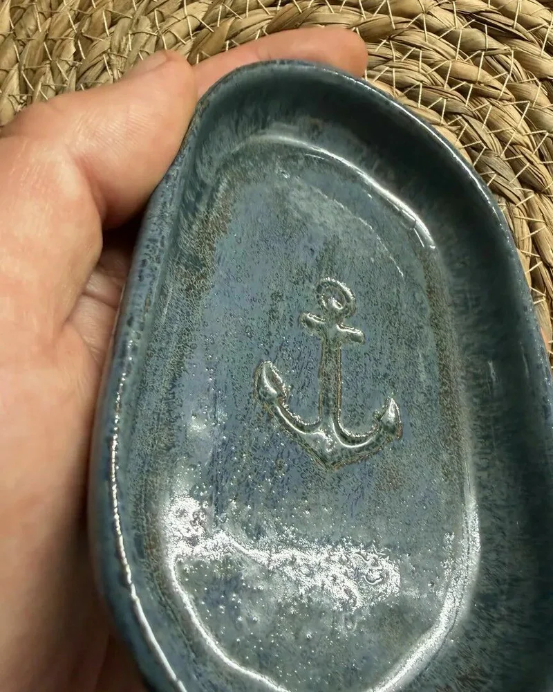 Овальный керамический поднос «Якорь» — Серо-голубой, 14 × 9 см