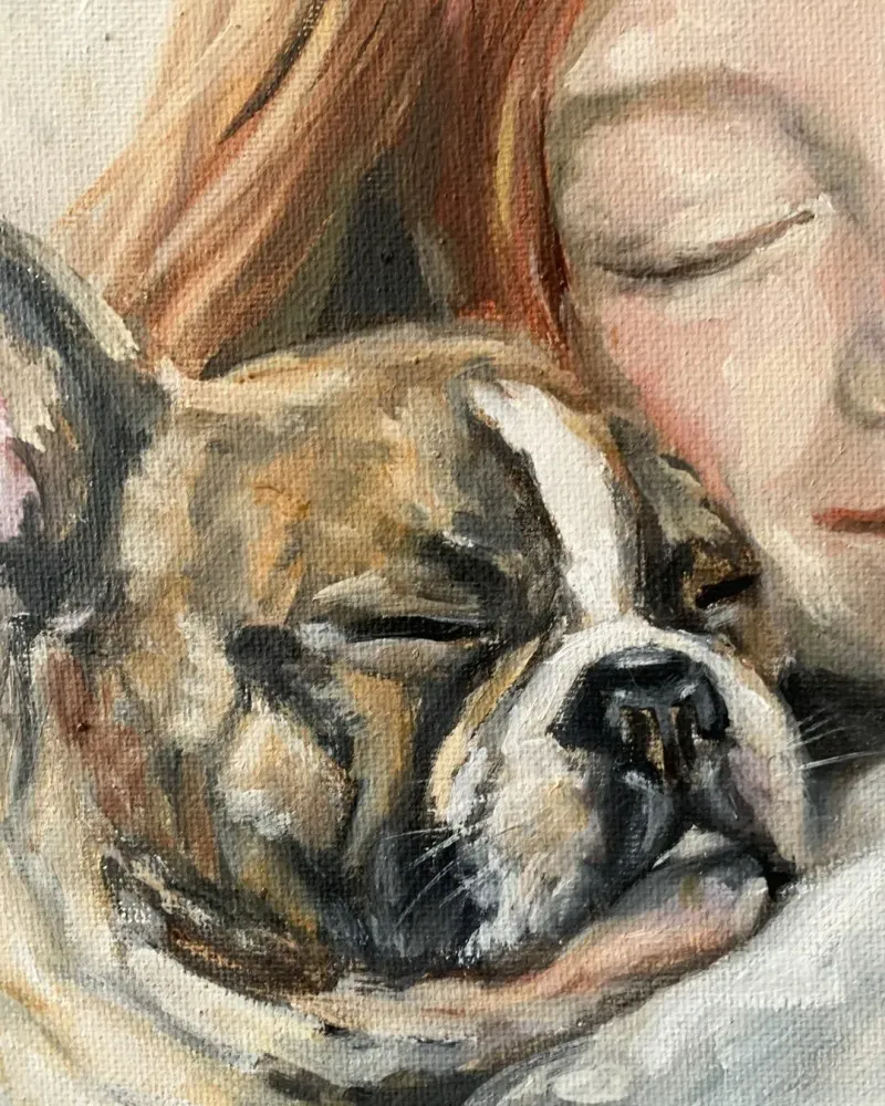 Девочка и французский бульдог. Картина маслом 20×30 см — 20×30 см