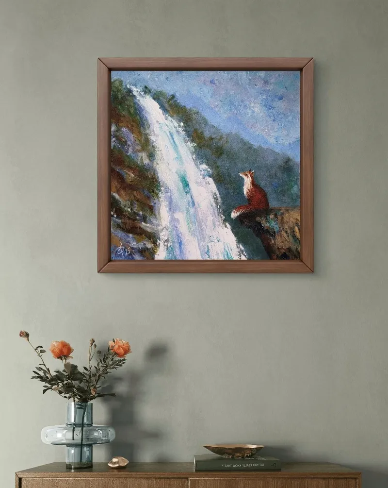 Лиса у водопада. Картина акрилом — 30×30 см