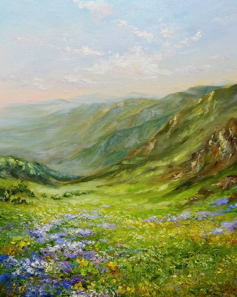 Картина горный пейзаж Дыхание гор, альпийские луга с цветами