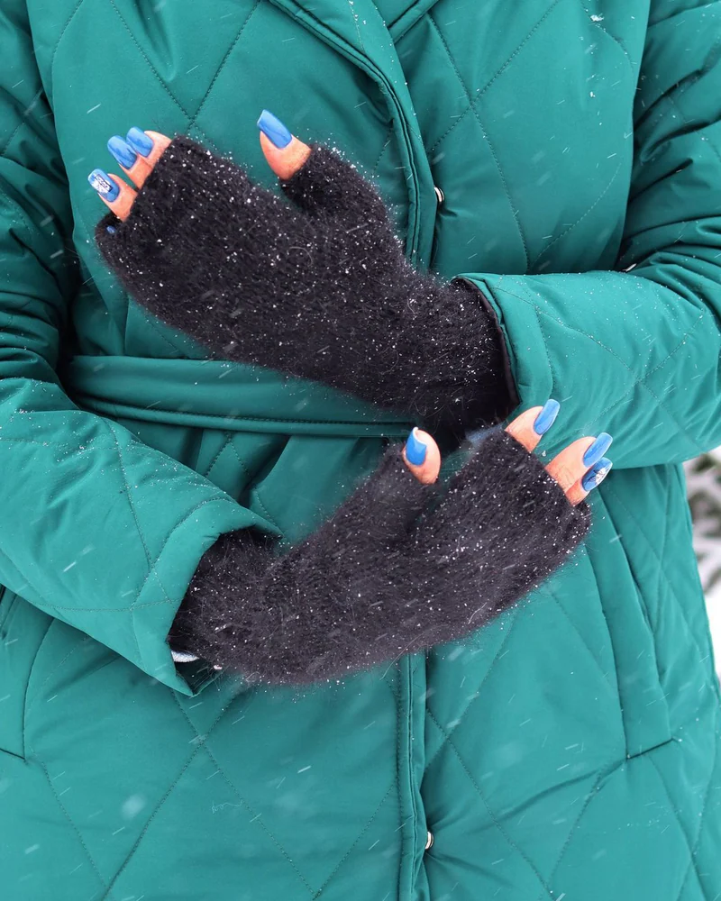 Митенки женские из ангоры, Черные вязаные митенки — Чёрный