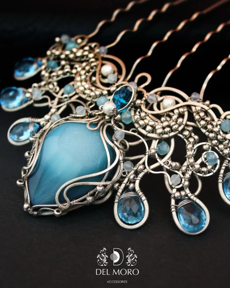 Гребень корона свадебный с камнями голубой "Mermaid crown"