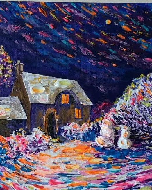 Новогодняя картина зима и снеговики Зимняя сказка
