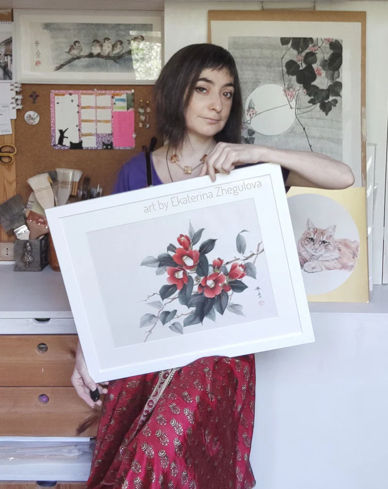 Картина Камелия 50x40 красные цветы Япония Восток Китай