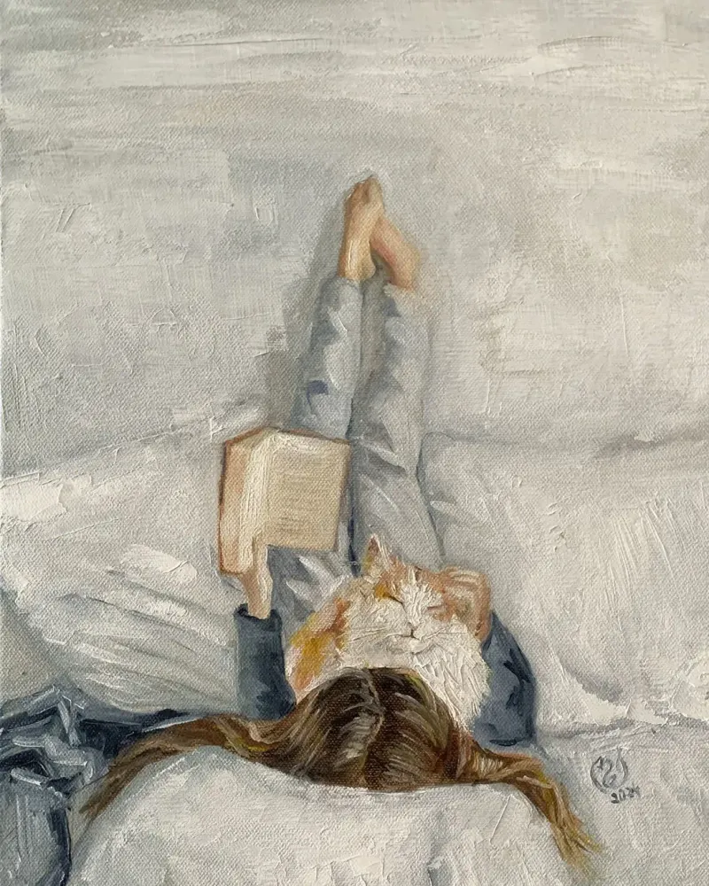 Девушка с книгой и кот. Картина маслом 30×40 см — 30×40 см