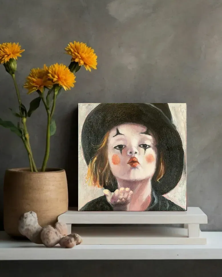 Поцелуй клоунессы. Картина маслом 20×20 см — 20×20 см
