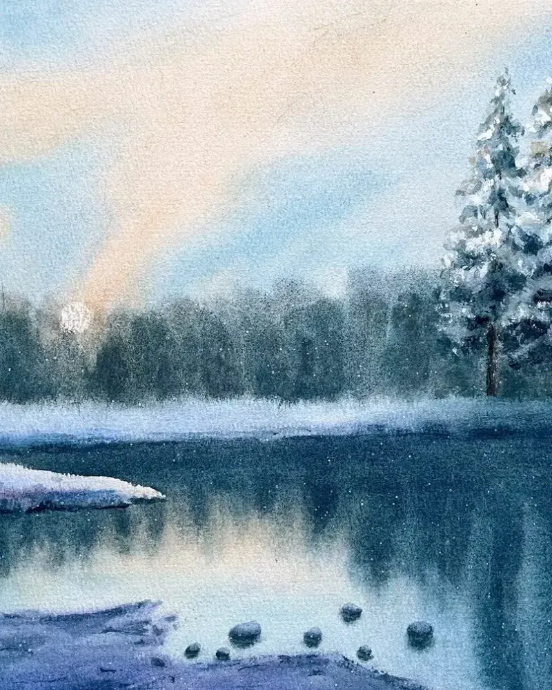 Зимний пейзаж с рекой. Акварель — 30×42 см