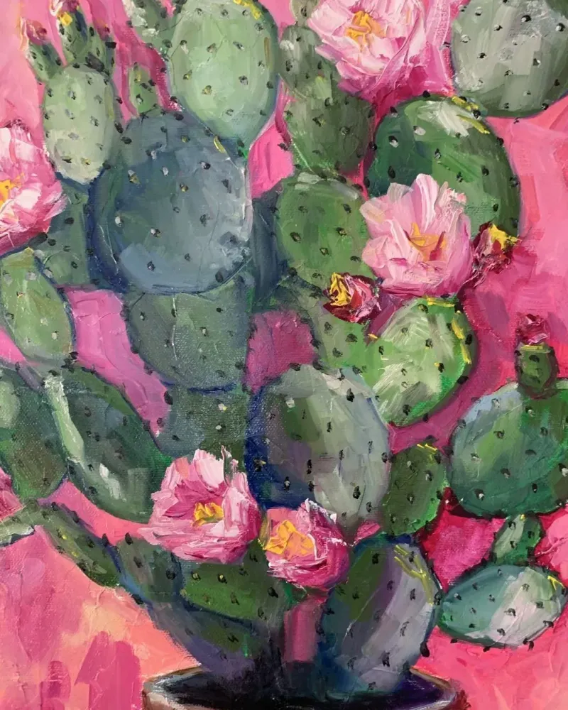 Кактус с цветами. Картина маслом 40×60 см — 40×60 см